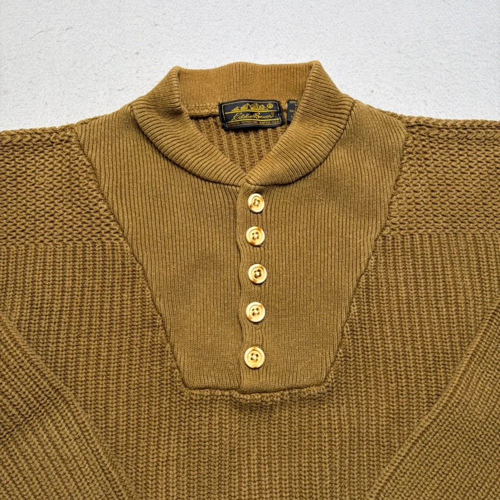 Eddie Bauer Sweater Mens L Brown Vintage Henley Chunky Knit Cotton Shawl Collar